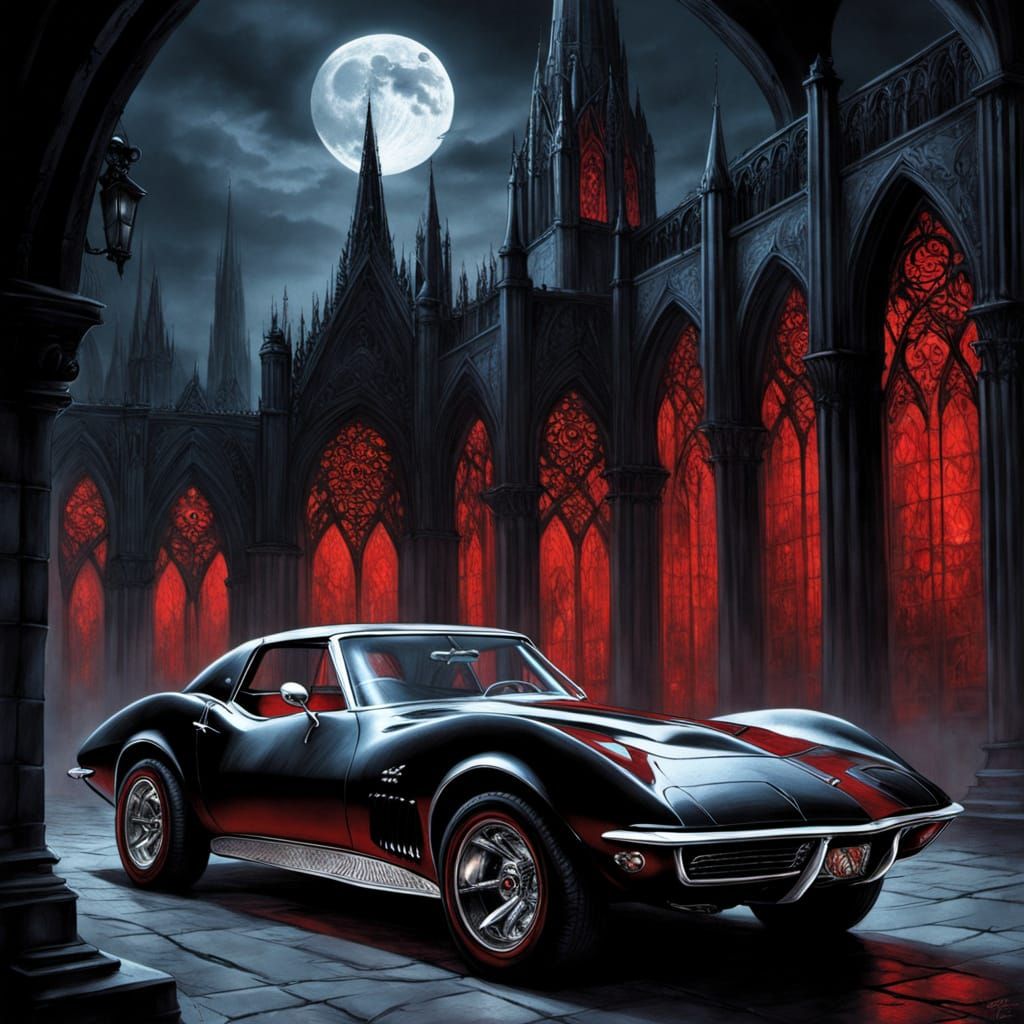 Vintage Corvette Stingray Parked Before Gothic Cathedral