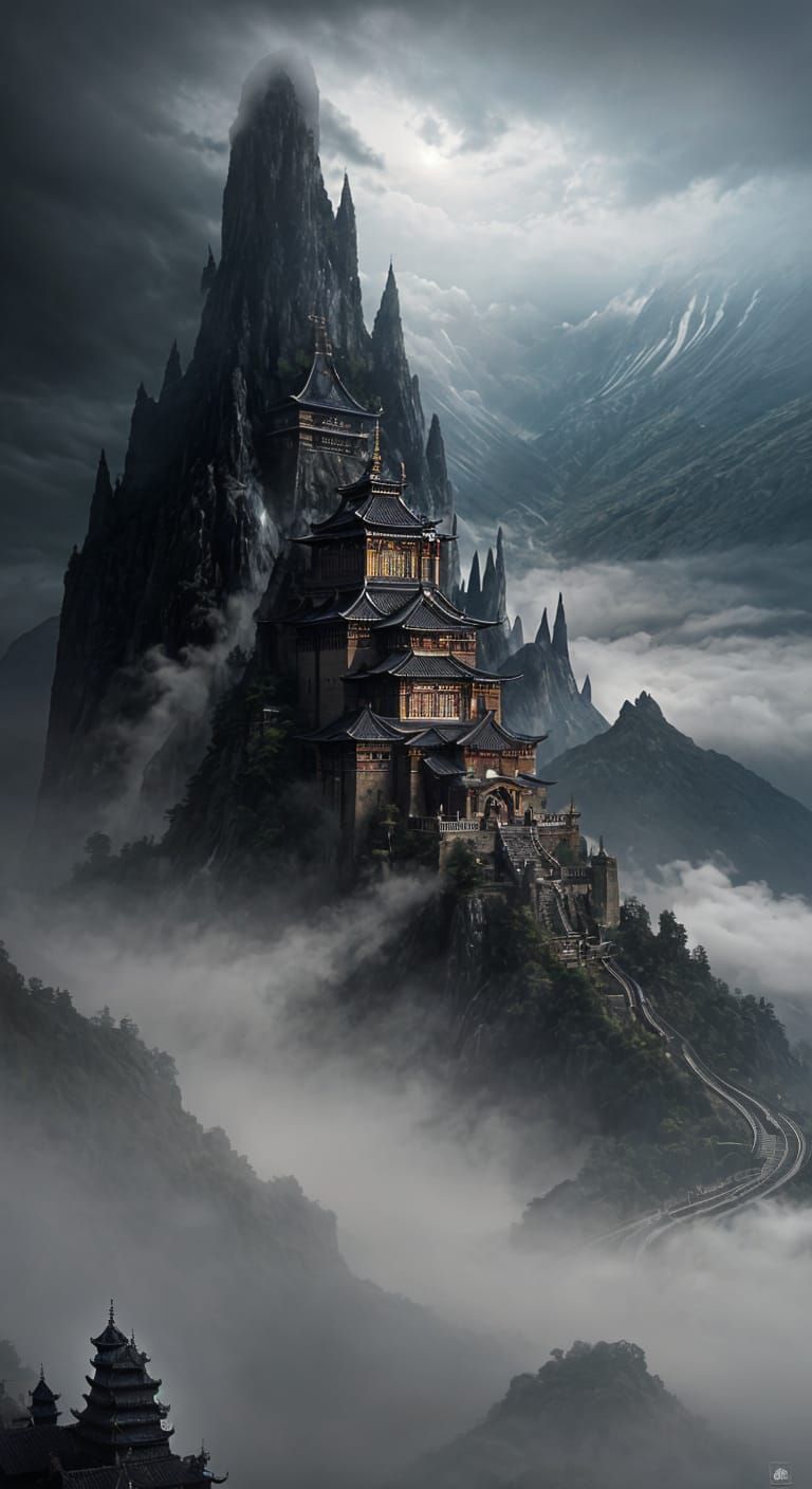 Surreal Black Japanese Towers in Ominous Landscape