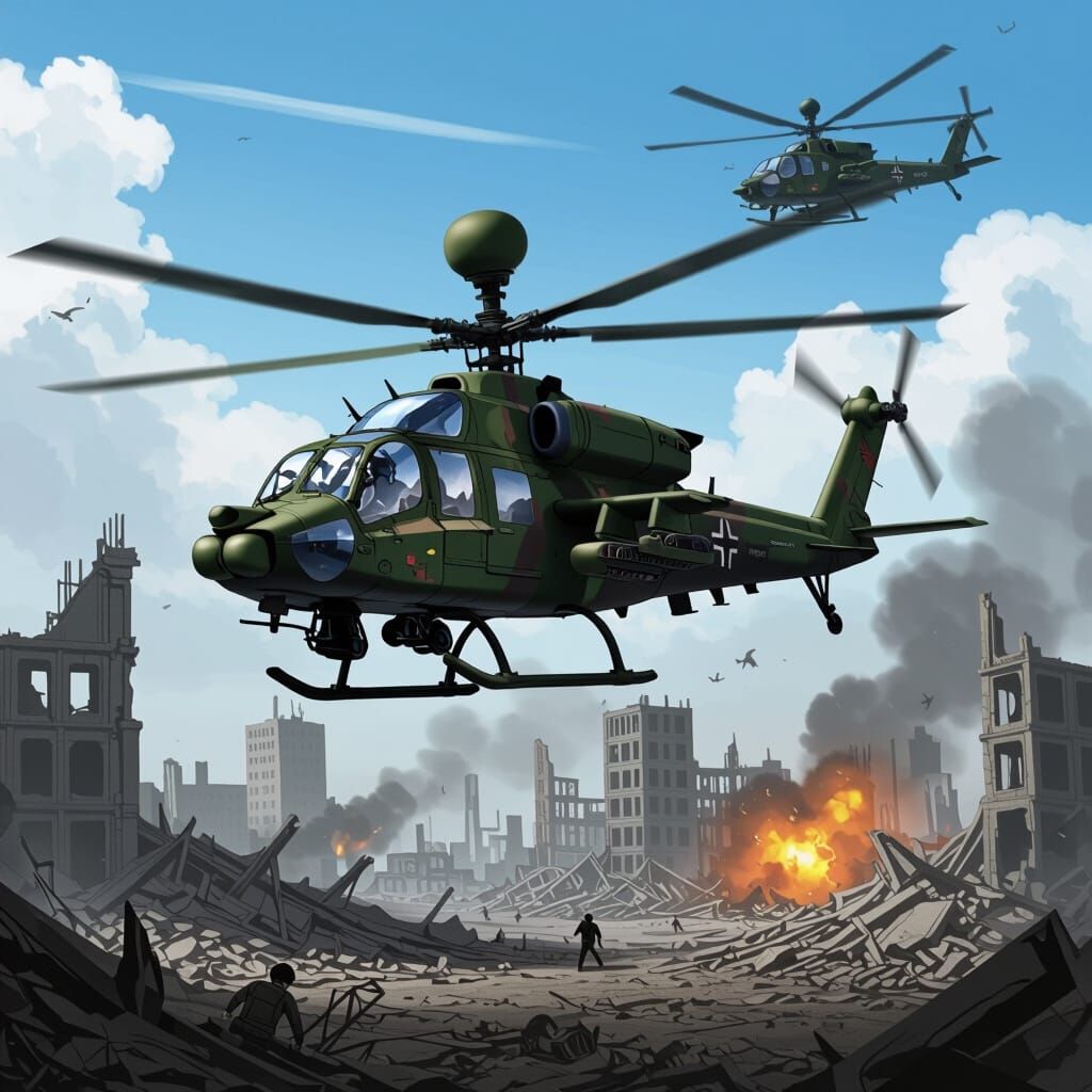 Anime Military Helicopter Over Ruined City