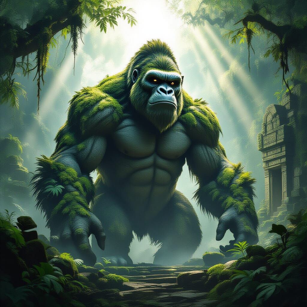 Ancient Granite Gorilla Guards Misty Jungle Temple