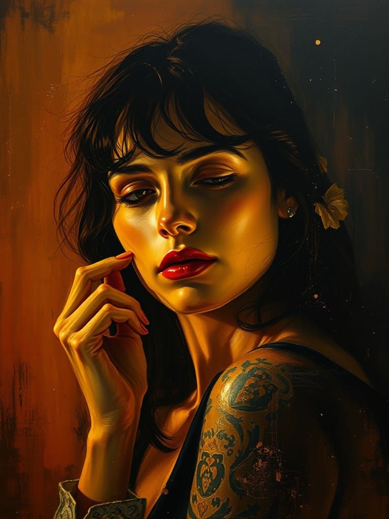 Mysterious Woman in Golden Haze, Oil Painting
