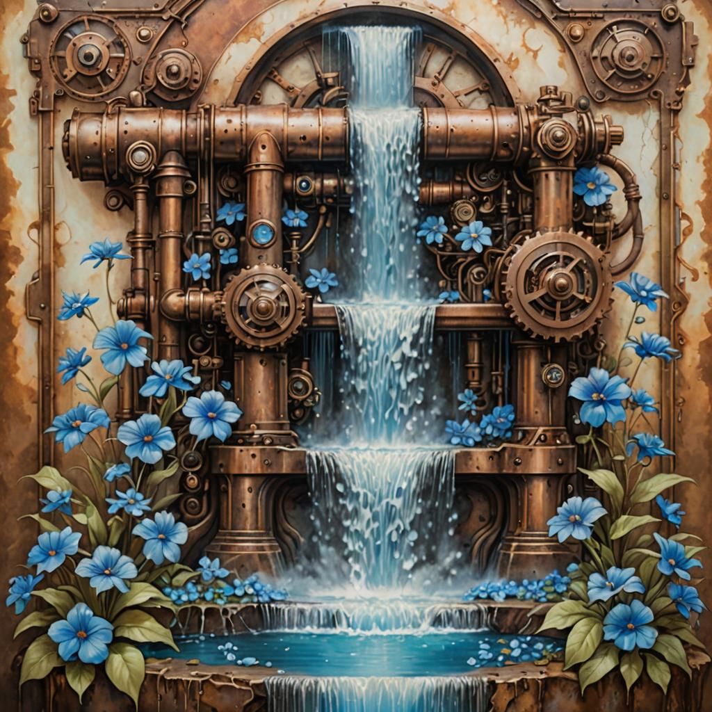 Steampunk Waterfall Fountain with Blue Flowers