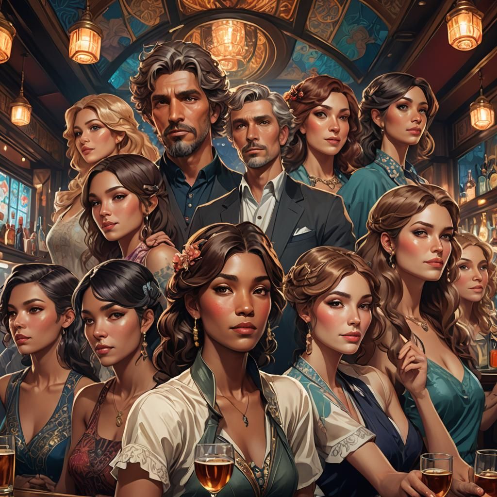 Man Surrounded by Women in Bar, Artgerm Style