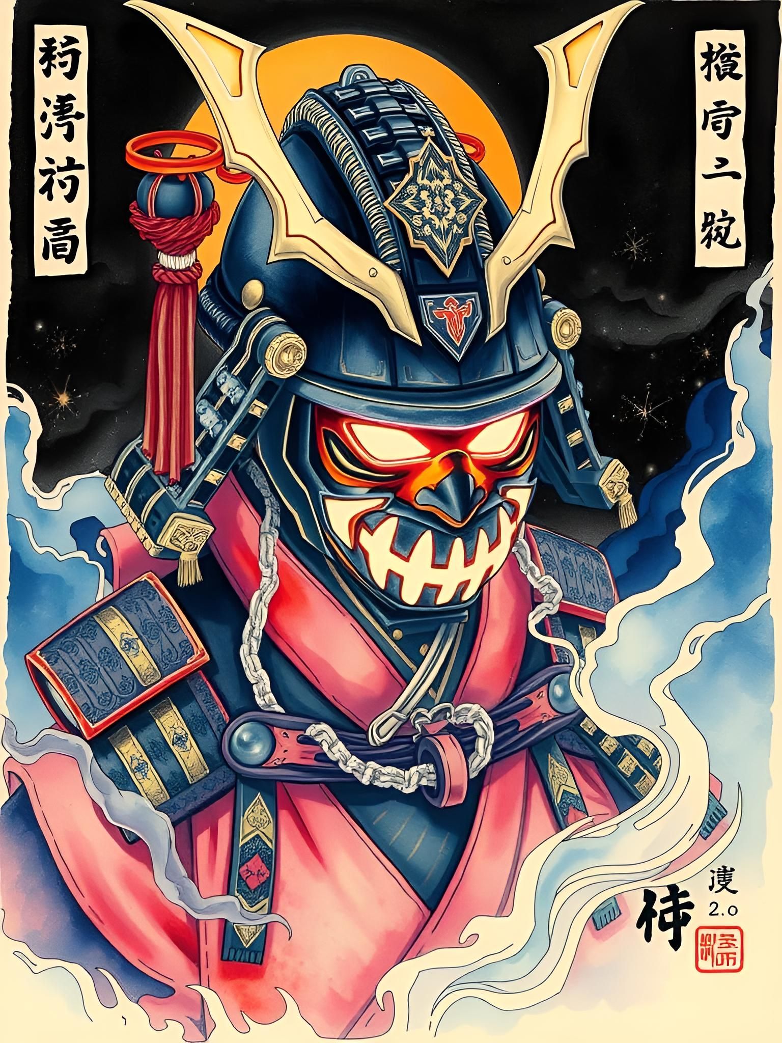 Cyberpunk Samurai in Ukiyo-e Style Woodblock Print