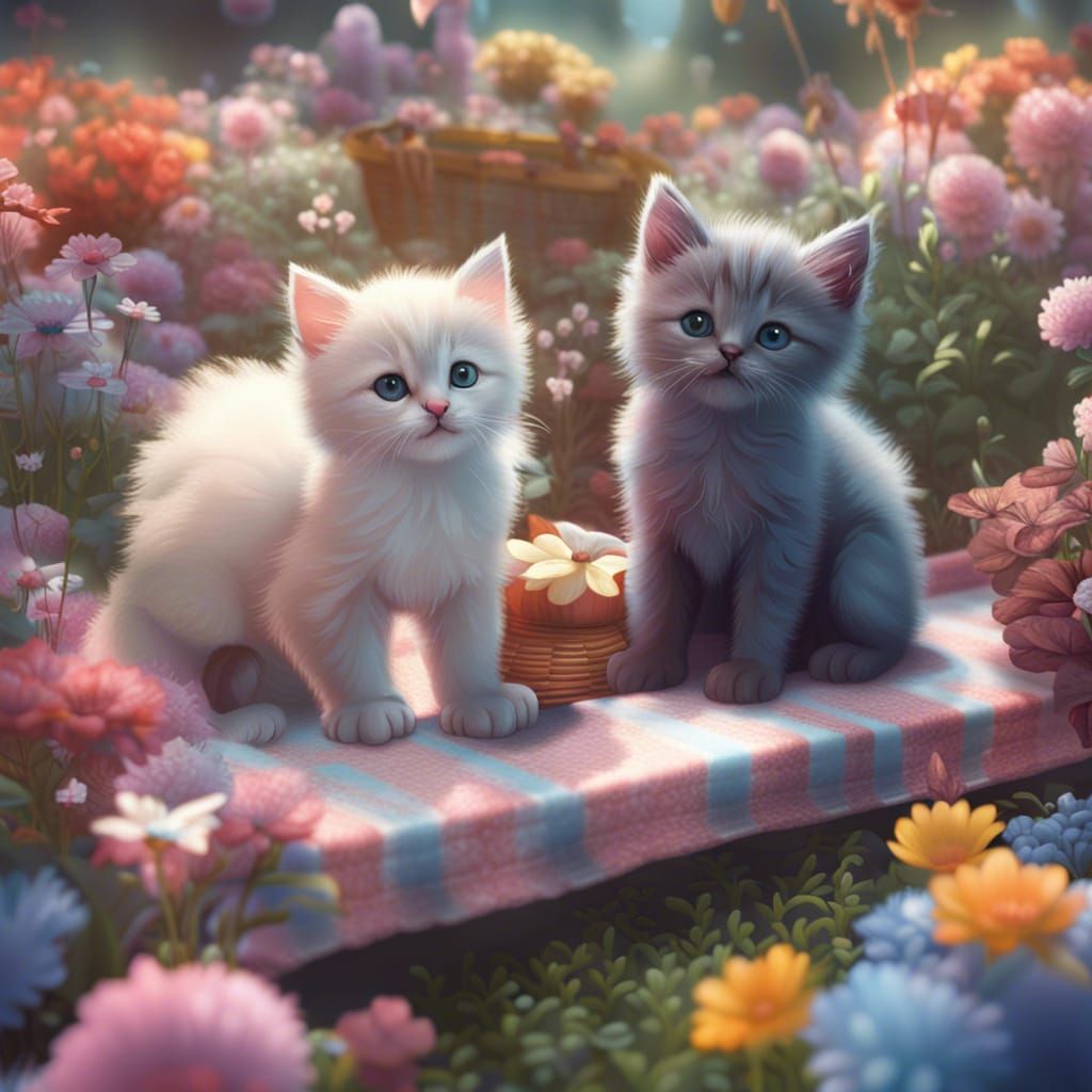 Kittens' Picnic in Pastel Flowerbeds