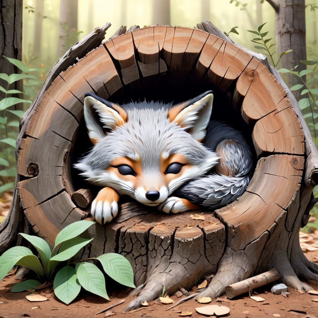 Baby Fox Asleep in Hollow Tree Stump Illustration