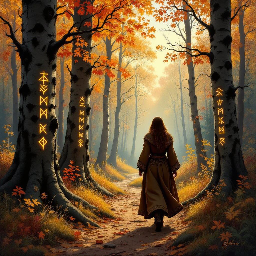 Fylgja in Autumn Forest with Glowing Runes Painting