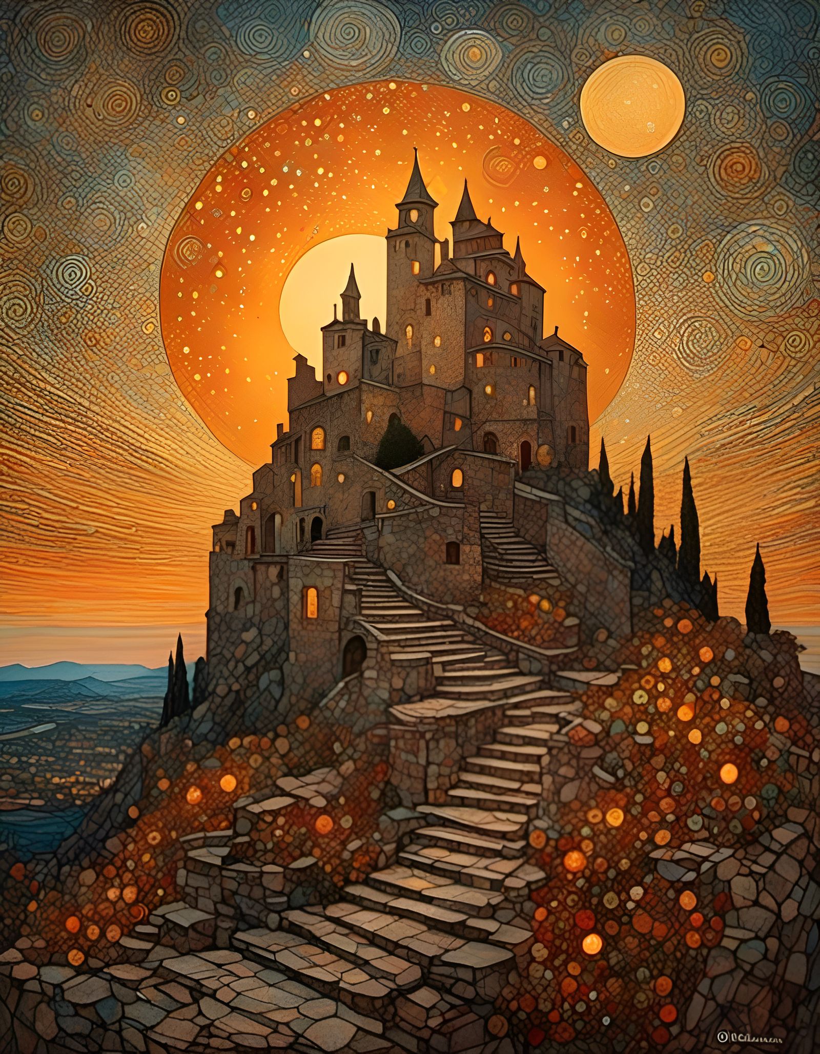 Hilltop Castle at Sunset Under Sparkling Sky