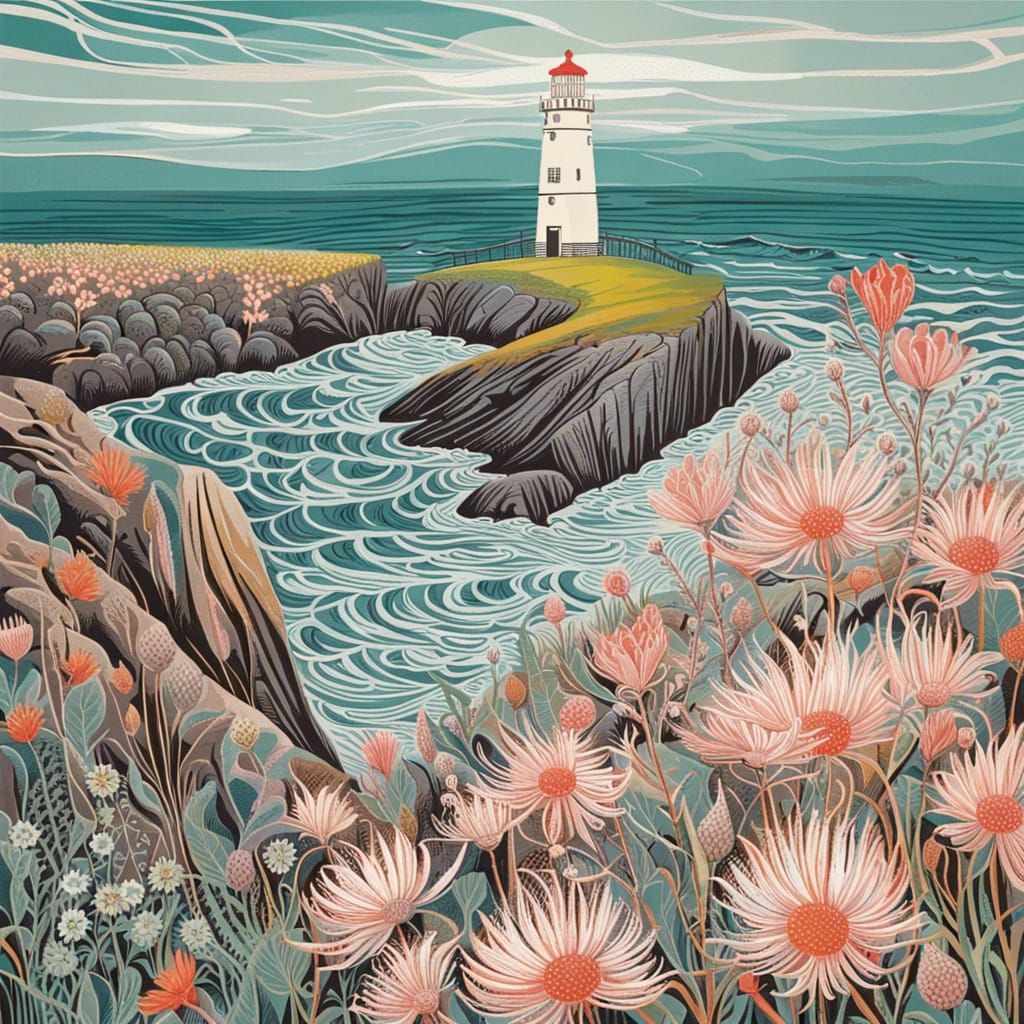 Lighthouse on Flowering Cliff in Naive Art Style