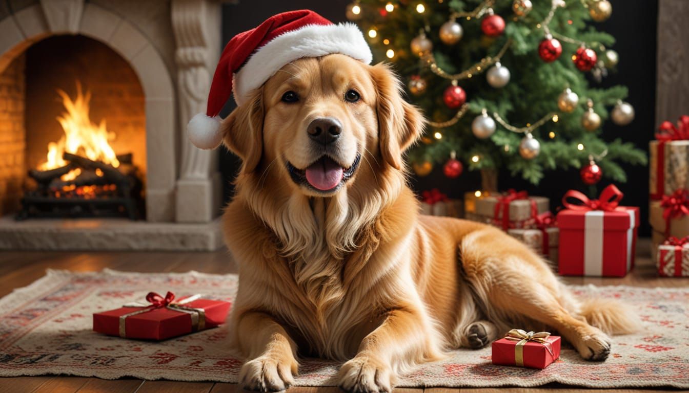Kind Santa Claus Gives Gift to Golden Retriever