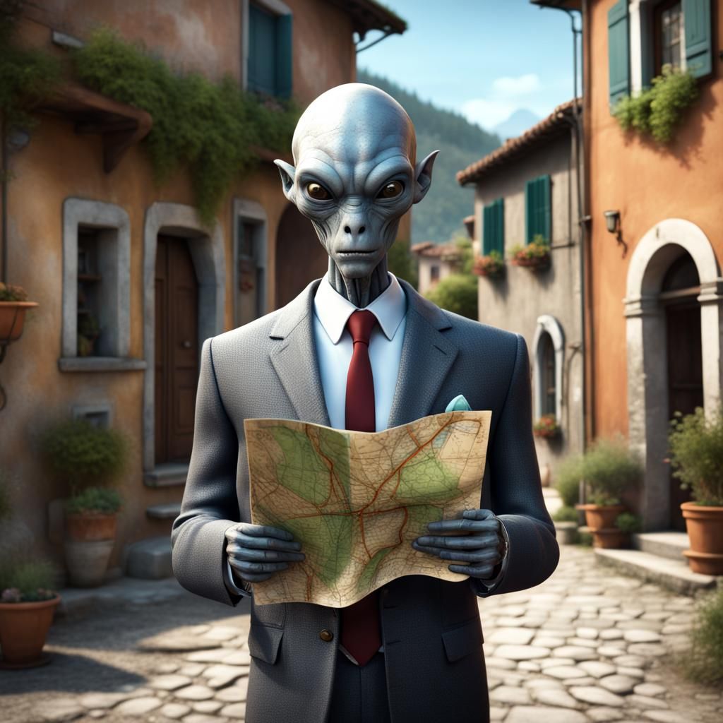 Anthropomorphic Alien Lost in Italian Village