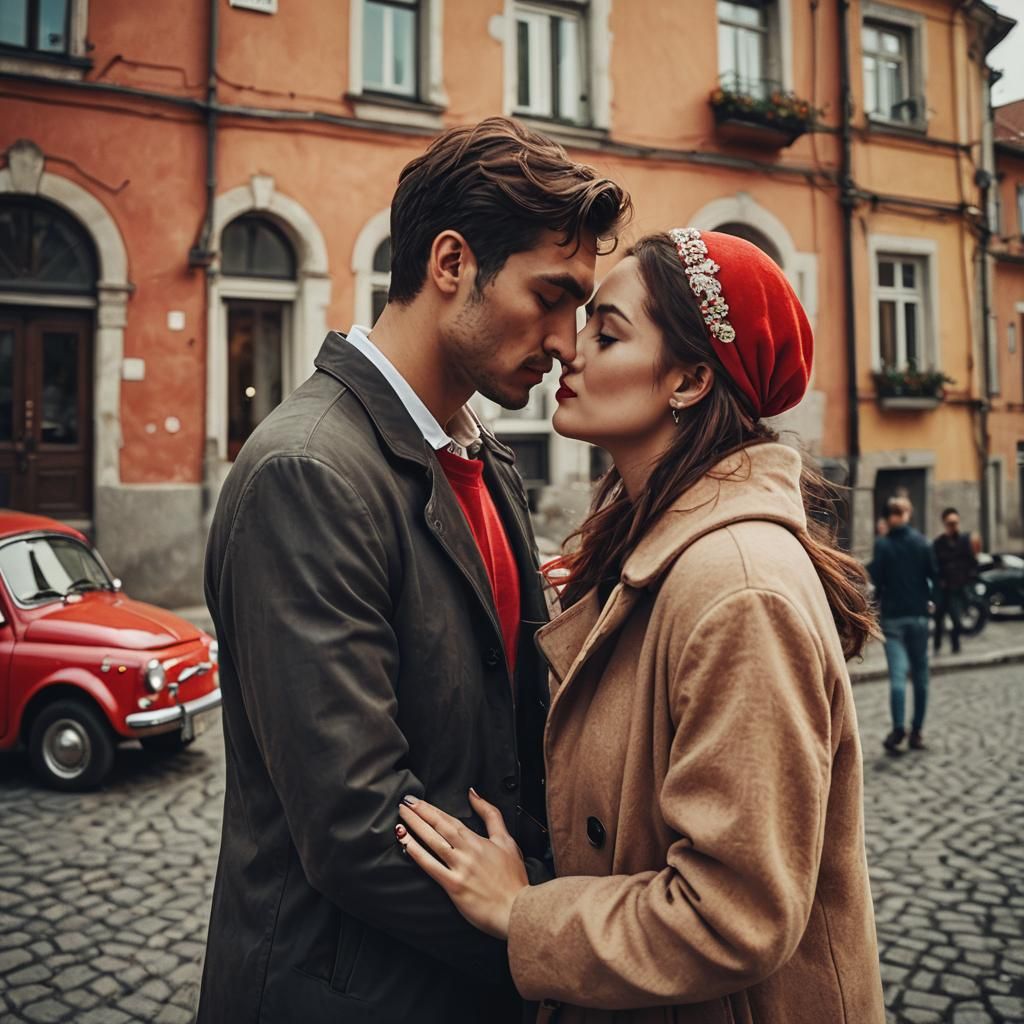 Romantic Couple Kiss in Front of Red Fiat 500