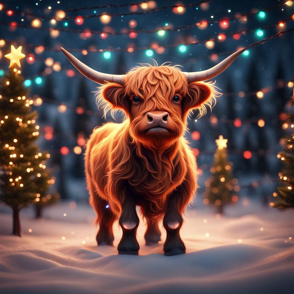 Baby Highland Cow with Christmas Lights: Matte Painting
