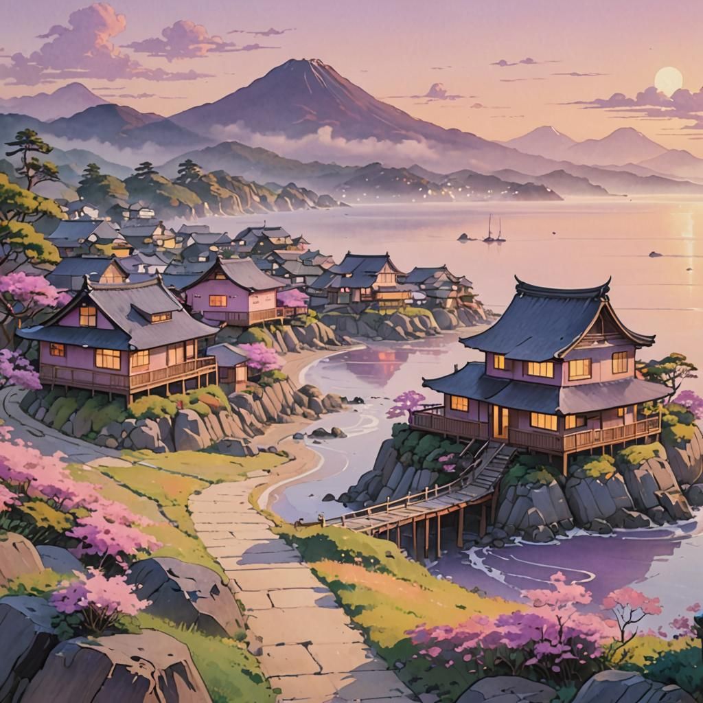 Dreamy Japanese Coastal Village Sunset in Impressionist Styl...