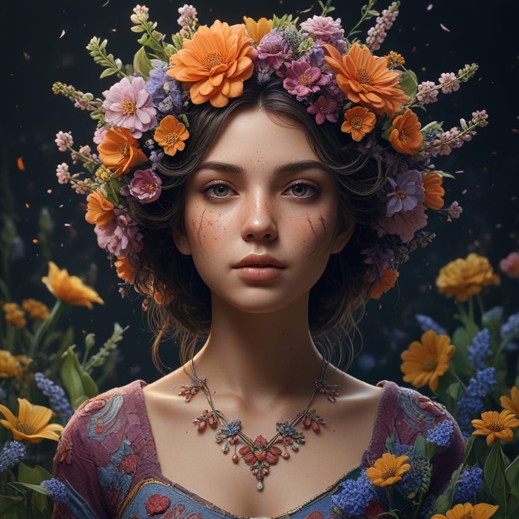 Fantastical Girl Blossoms in Vibrant, Detailed Fantasy Art