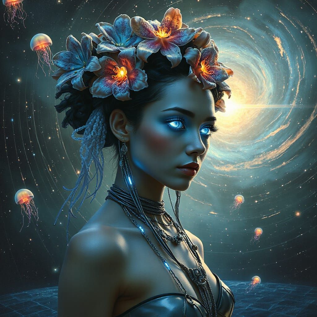 Bioluminescent Cyborg with Digital Flora, Art Nouveau Style