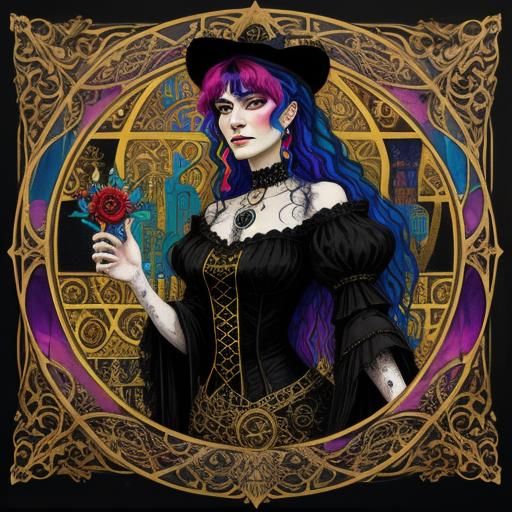 Klimt-Style Victorian Witch in Art Nouveau Frame