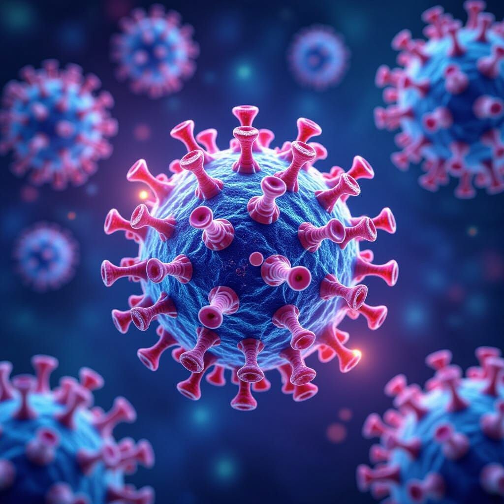 Microscopic COVID-19 Virus with Glowing Spike Proteins