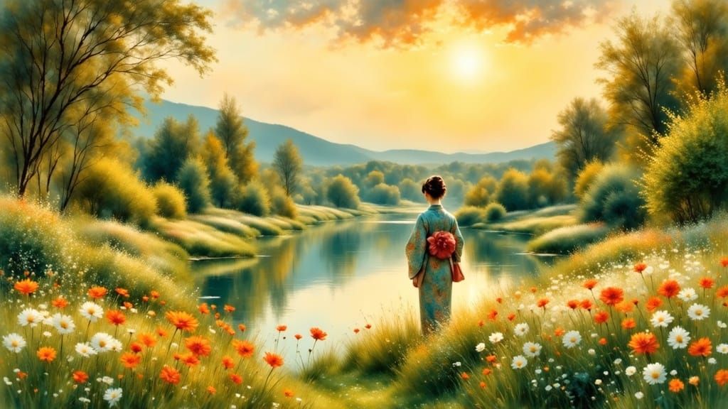 Japanese Woman in Impressionistic Spring Garden