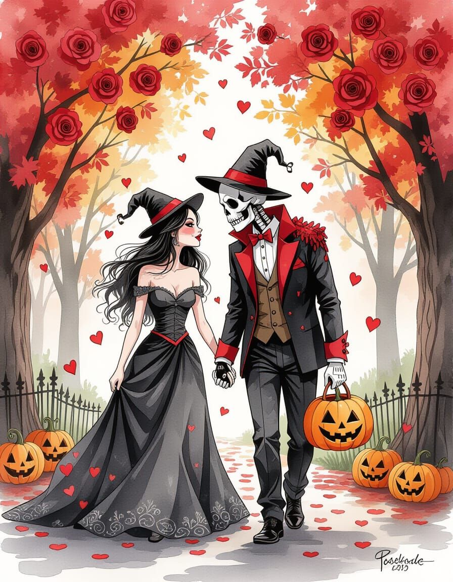 Ghoulish Couple in Watercolor Style with Rose and Heart Conf...