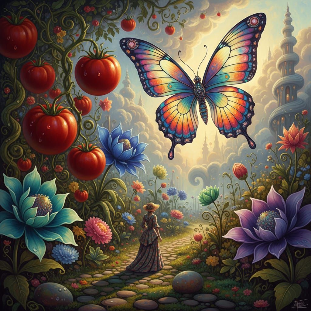 Fantastical Garden with Tiny Woman and Giant Butterfly