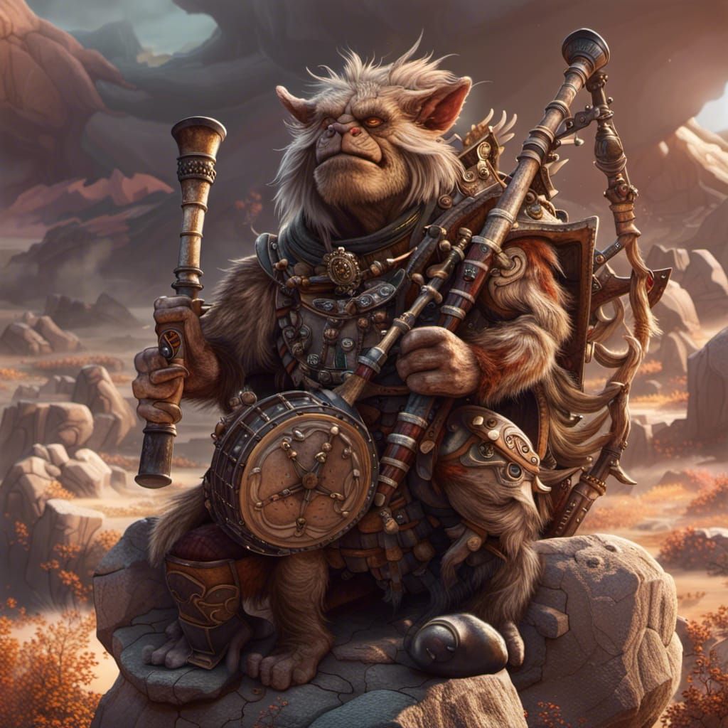 half-human bugbear playing a bagpipe on the planet Eberron