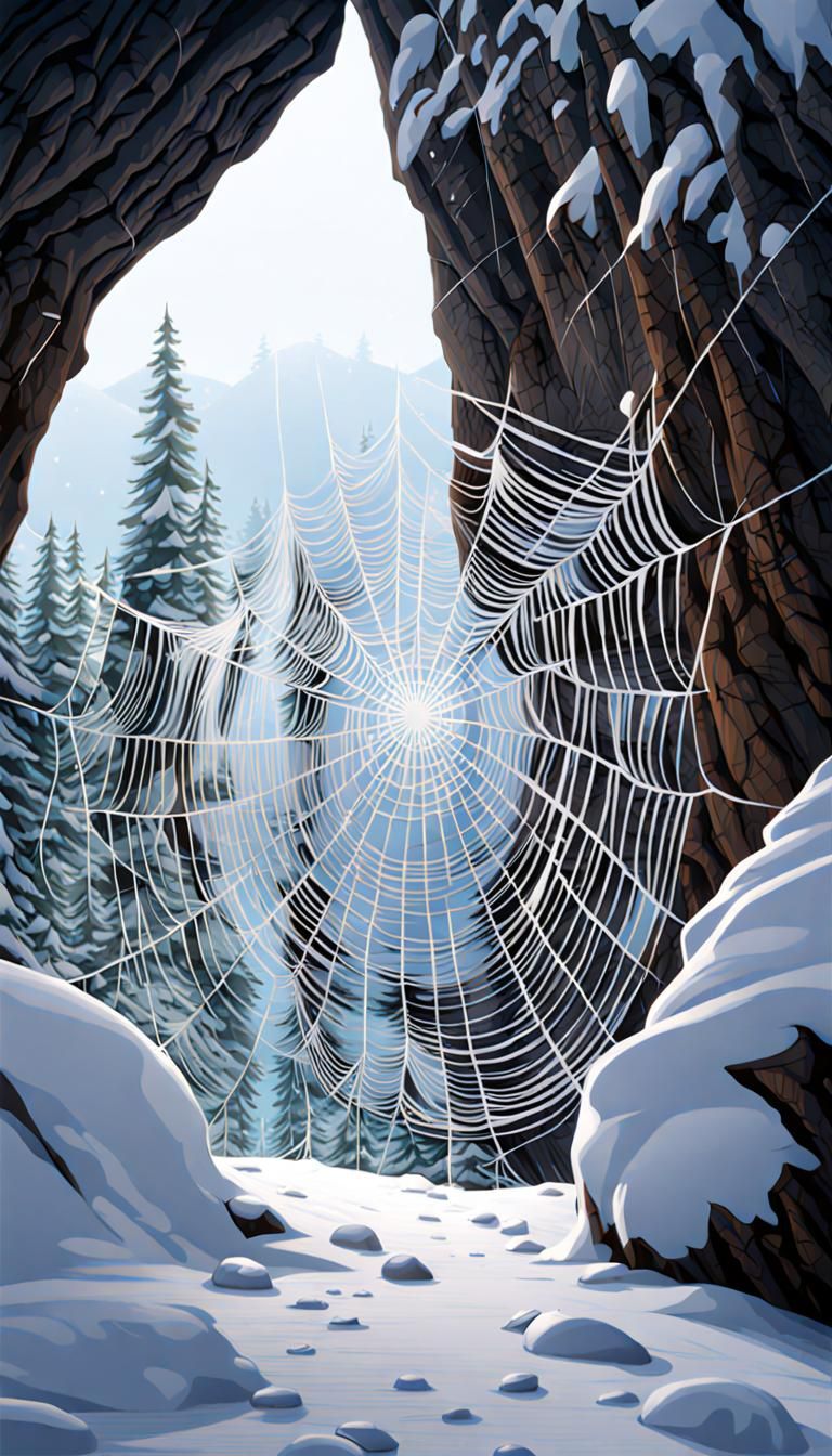 Winter Mountain Blizzard with Cave and Frosty Web