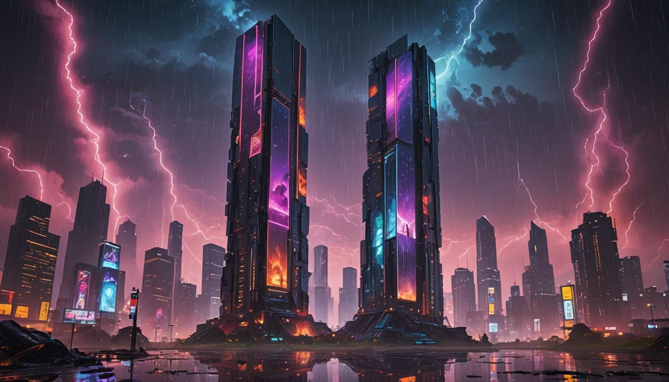 Mirrored Monoliths in Cyberpunk Cityscape at Night