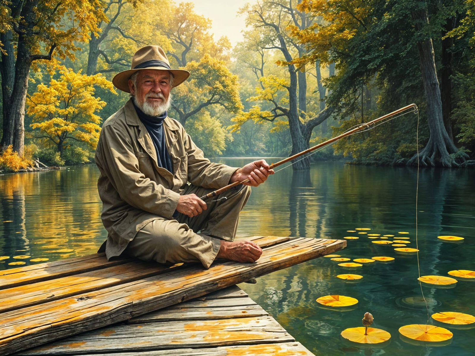A Cheerful Fisherman in an Enchanted Forest Oil Painting