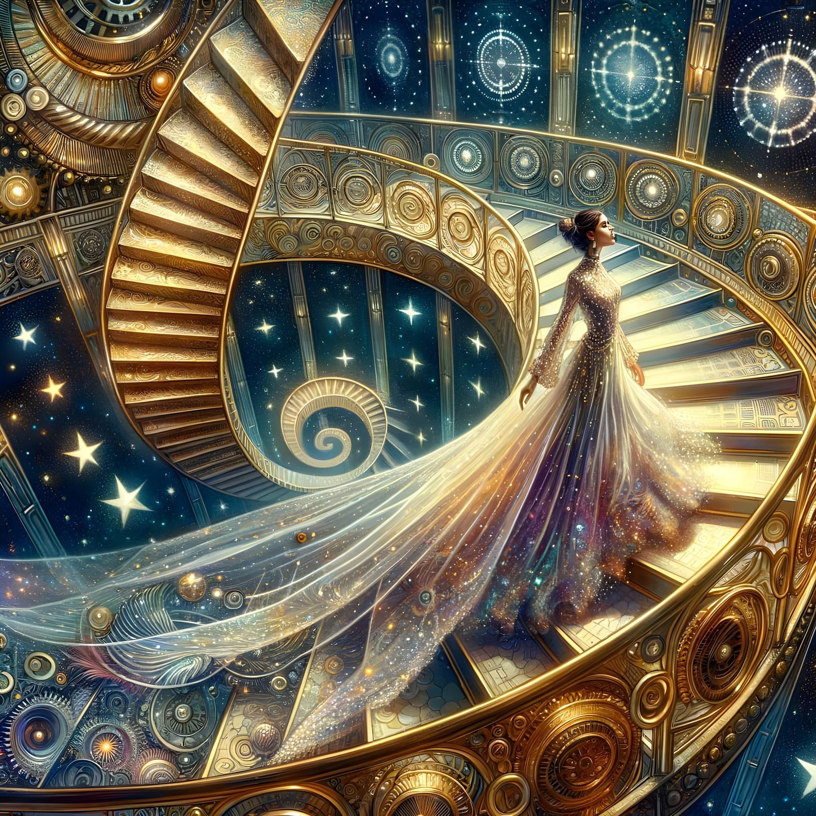 Woman Ascending Golden Staircase in Viennese Secession Style