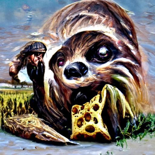 Sloth eating a pizza out in a wheat field
