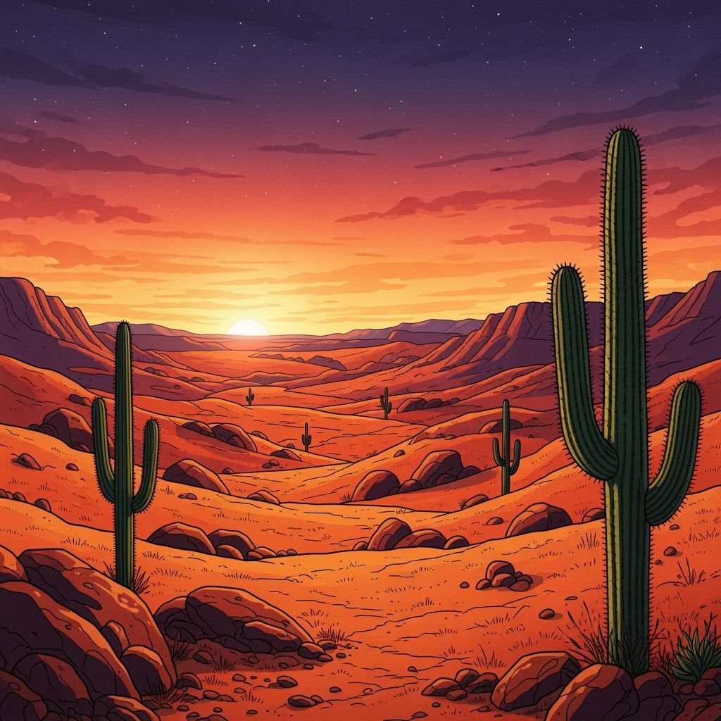 Serene Desert Dusk Landscape in Watercolor Style