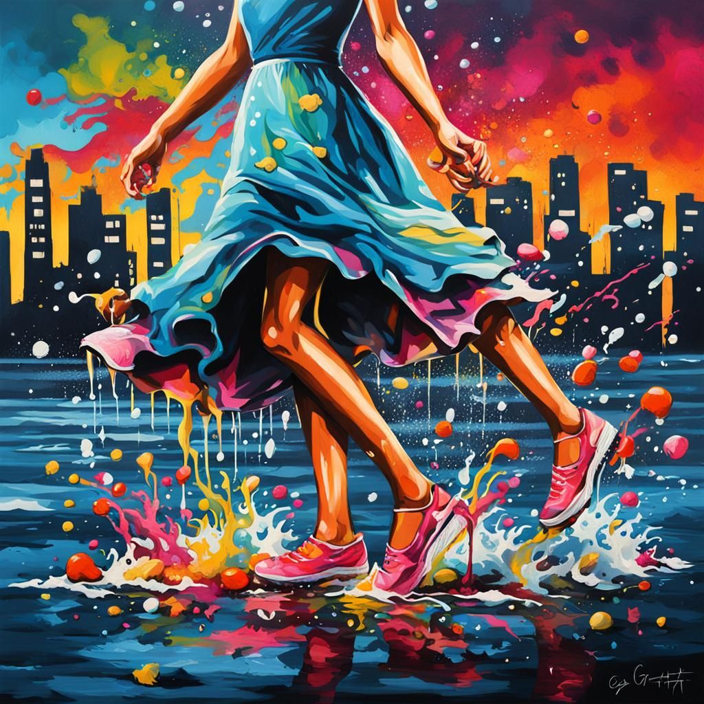 Polychromatic Graffiti Feet Dancing in Ocean