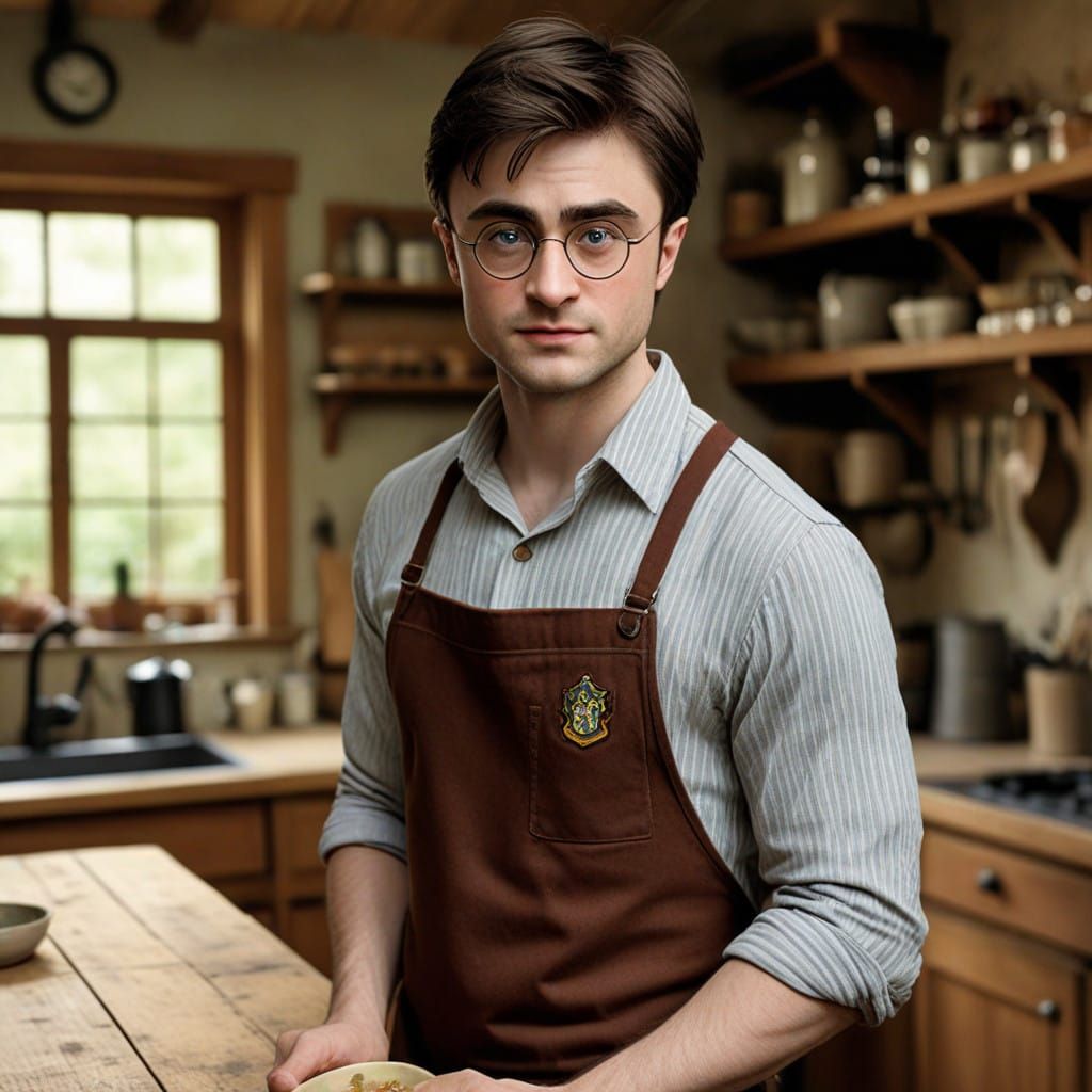 Nostalgic Harry Potter Portrait in Rustic Kitchen Setting