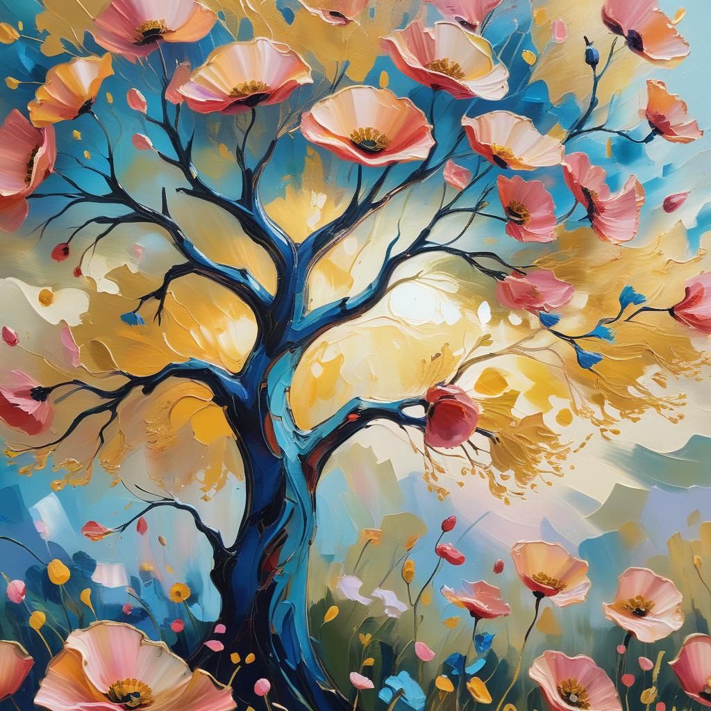 Golden Tree with Poppies: Impressionist Oil Painting