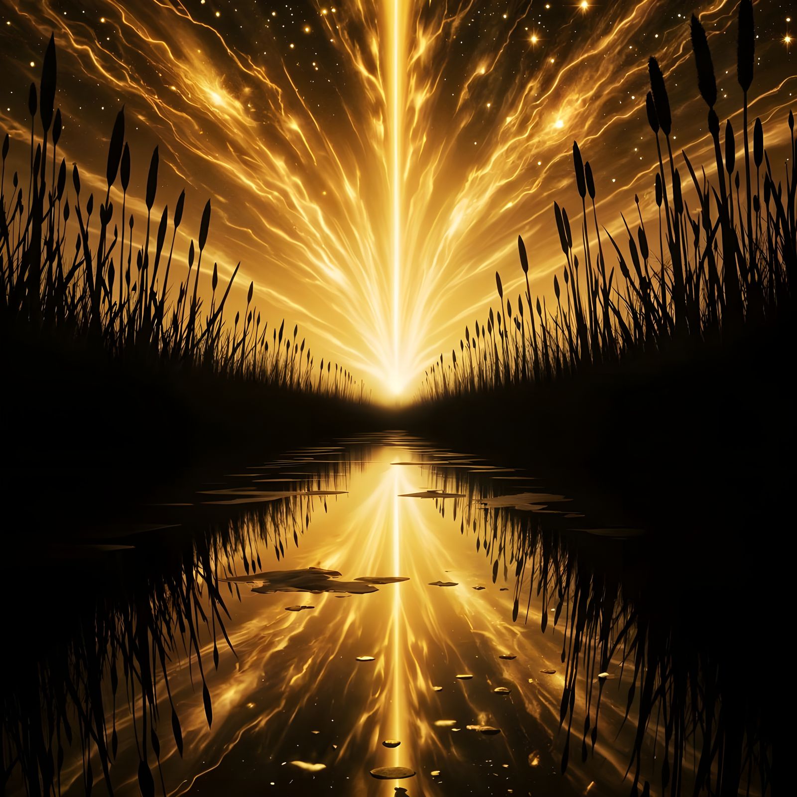 Pond Silhouette Under Abstract Starburst Sky