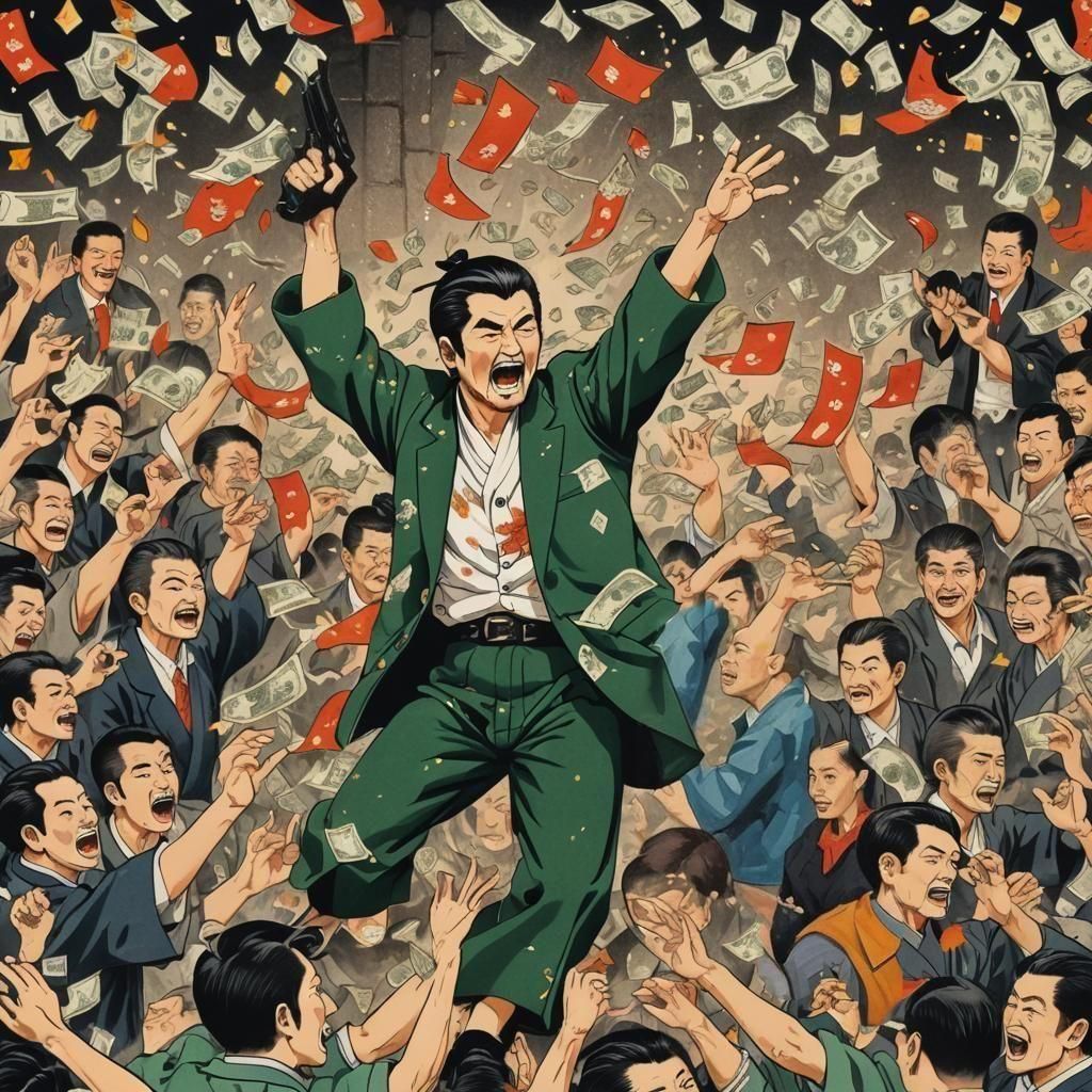 Yakuza Money Toss in Japanese Tattoo Style