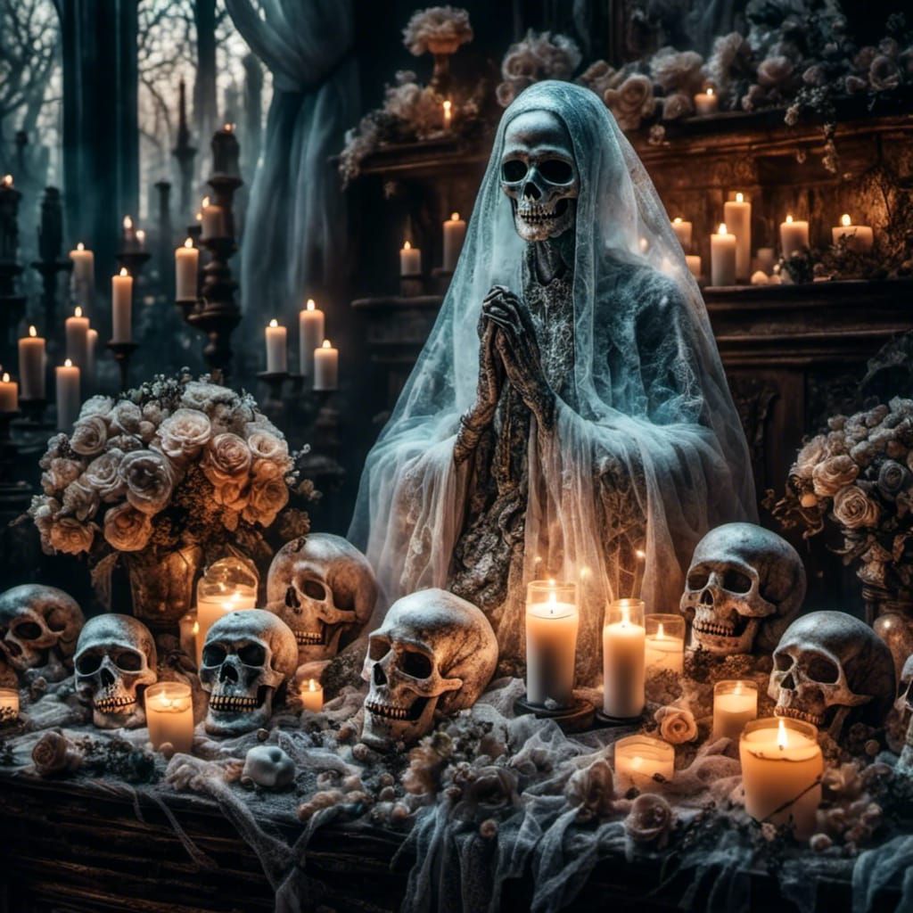 Intricate Sugar Skull Altar with Candles and Flowers