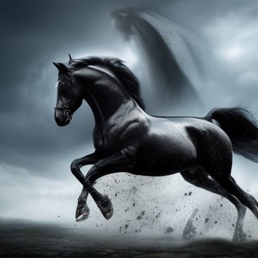 Magnificent Black Horse Running: Realistic Detailed Art