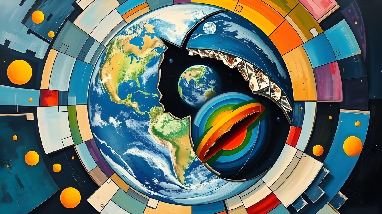 Cracked Earth Sphere Reflects Cubist Universe