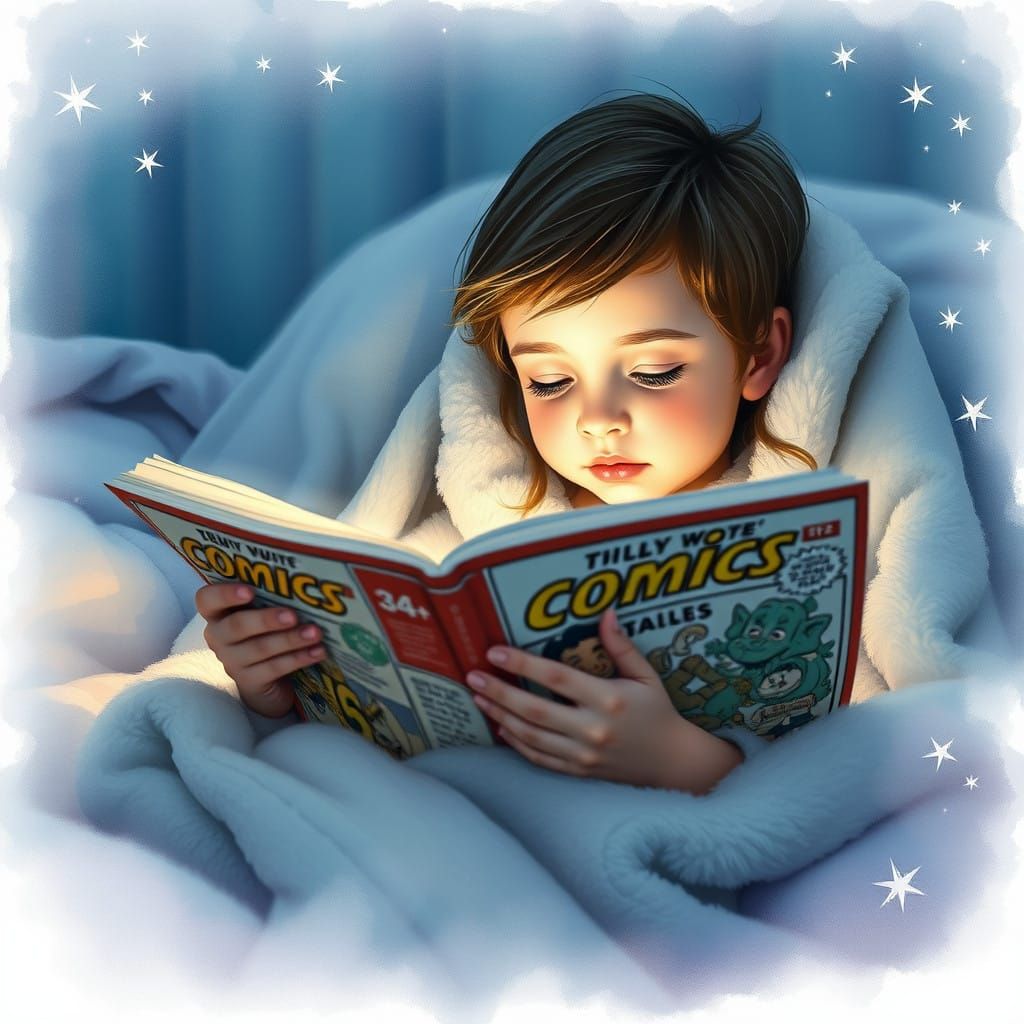 Cozy Child Reading Comics by Flashlight in Whimsical Waterco...