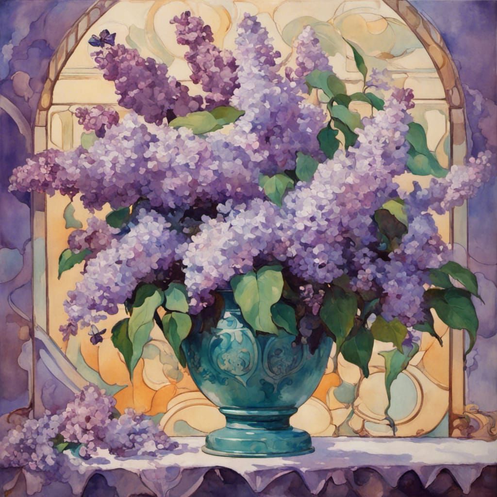 Art Nouveau Vase with Lilacs, Buddleia and Butterflies
