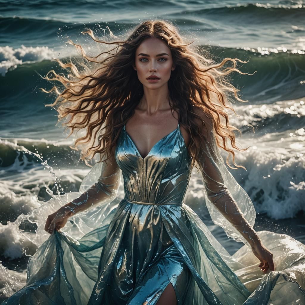 Ocean Goddess Portrait with Sparkling Waves