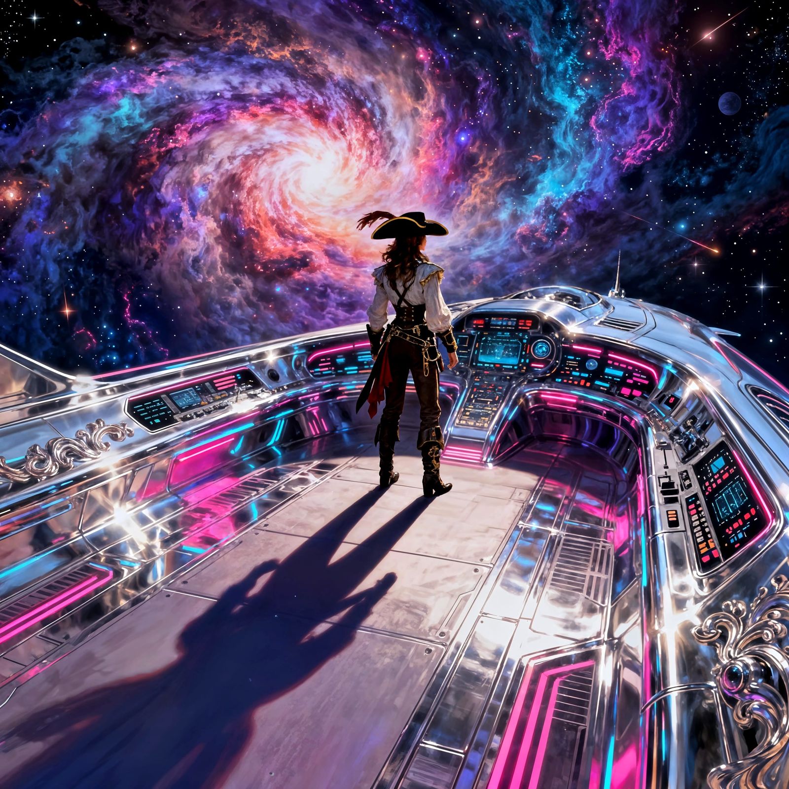 Space Pirate Gazes at Nebula on Ship Bridge