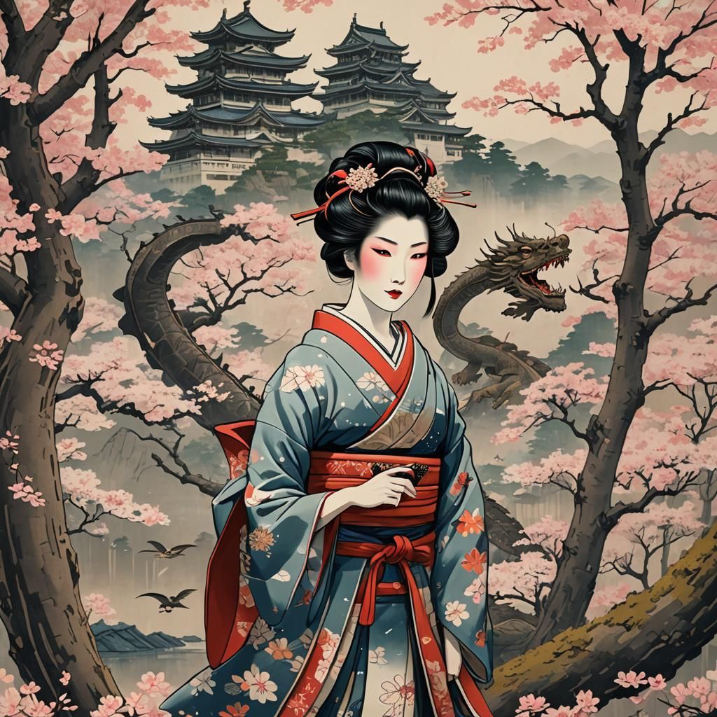 Geisha and Dragon in Ukiyo-e Style Forest