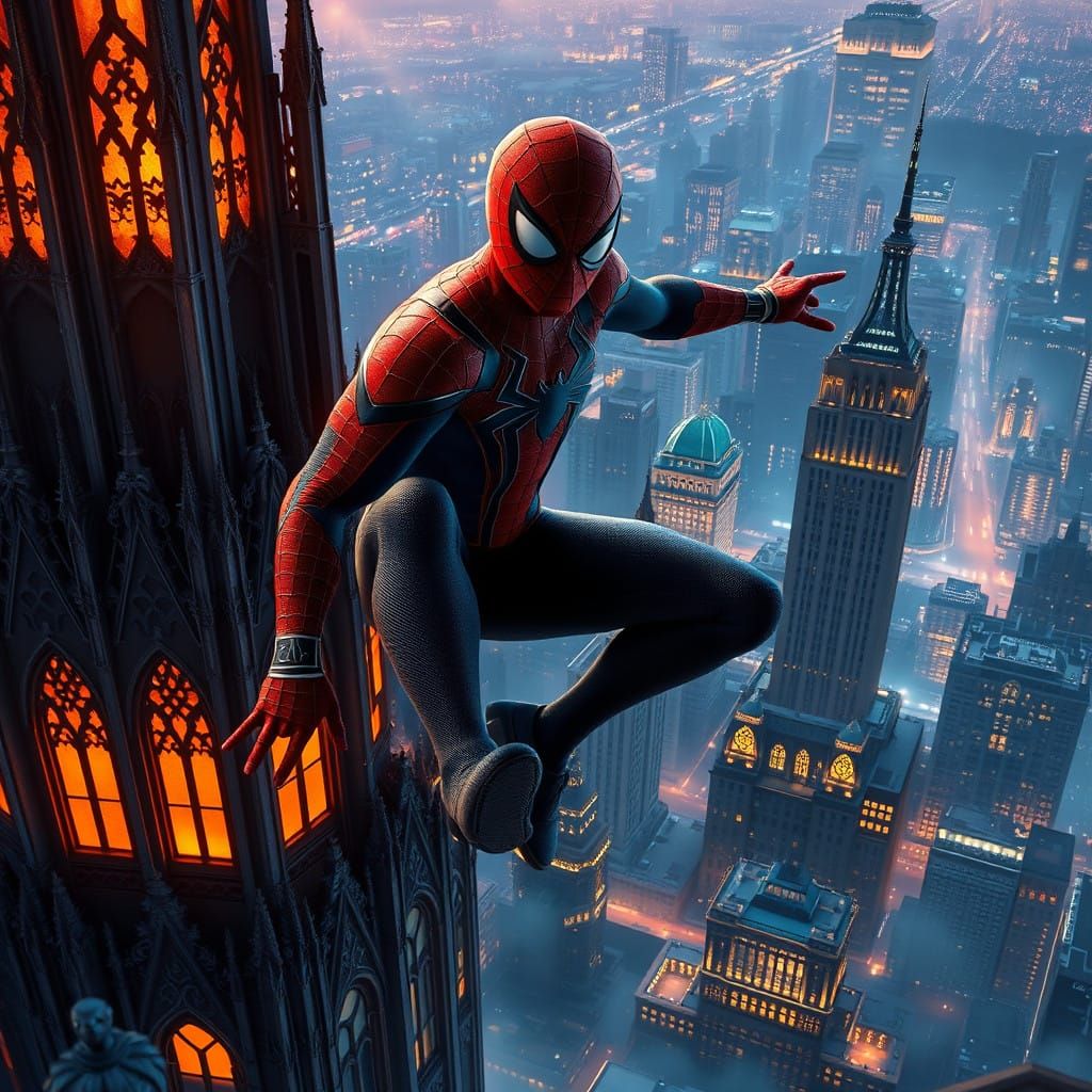 Heroic Spider-Man Dominates Gothic NYC Skyscraper