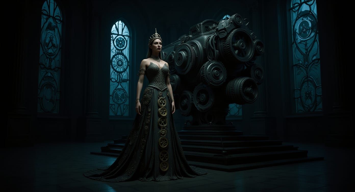 Regal Queen in Clockwork Gown Before Industrial Engine