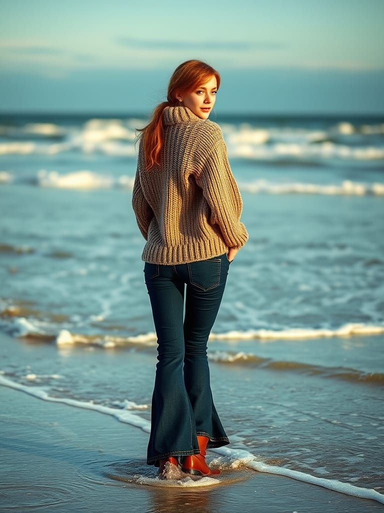 Ginger Woman Freed from Desires on a Spring Morning Beach