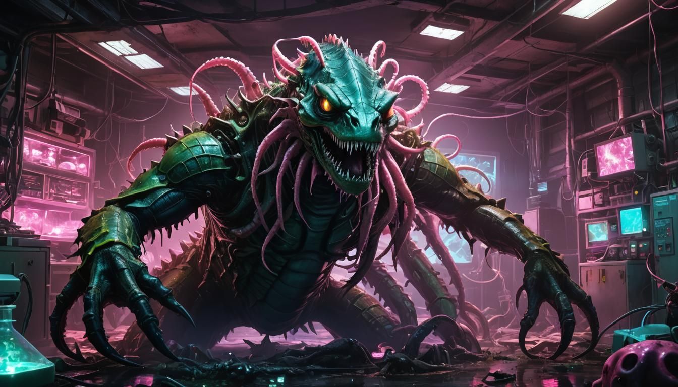 Bioluminescent Hybrid Creature in Apocalyptic Lab