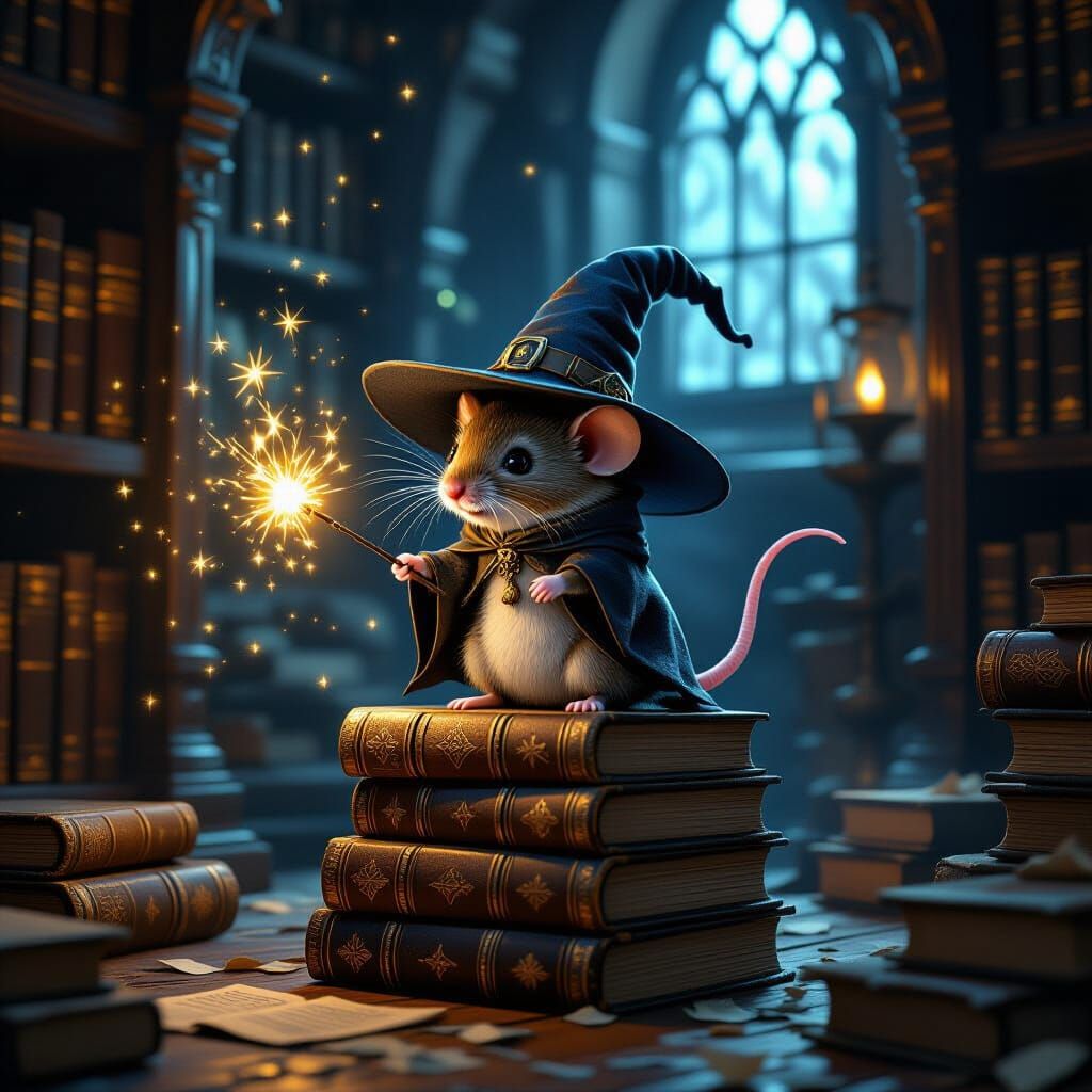 Tiny Wizard Mouse Conjures Magic in Ancient Library